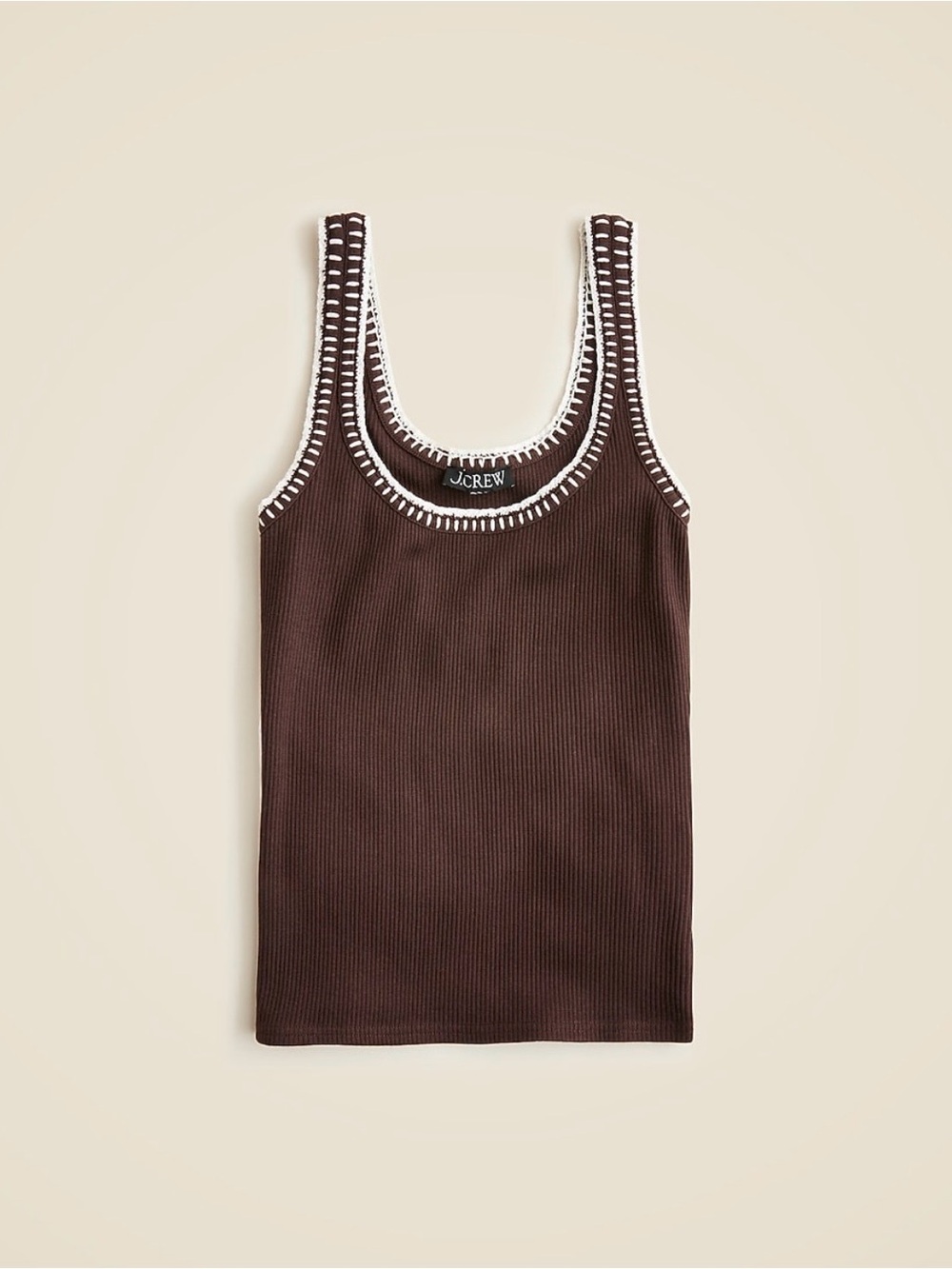 J Crew Brown Ribbed Scoop Neck White Braided Neckline Tank Top Size Medium - Picture 2 of 9